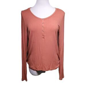 American Eagle Soft and Sexy Henley Ribbed Long Sleeve Top Womens Large Coral